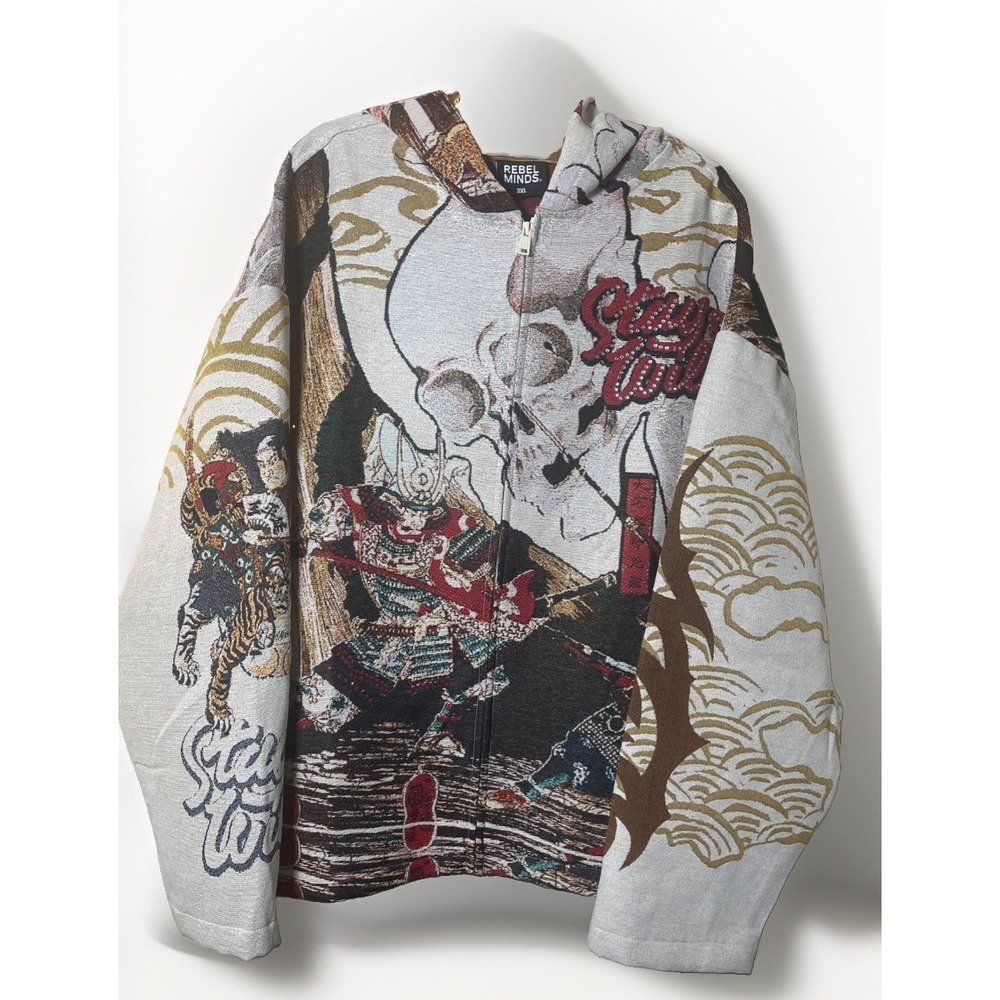 Rebel Minds Stay Wild Zip Hooded Samurai Skull Graphic Tapestry NWT Men's 3XL